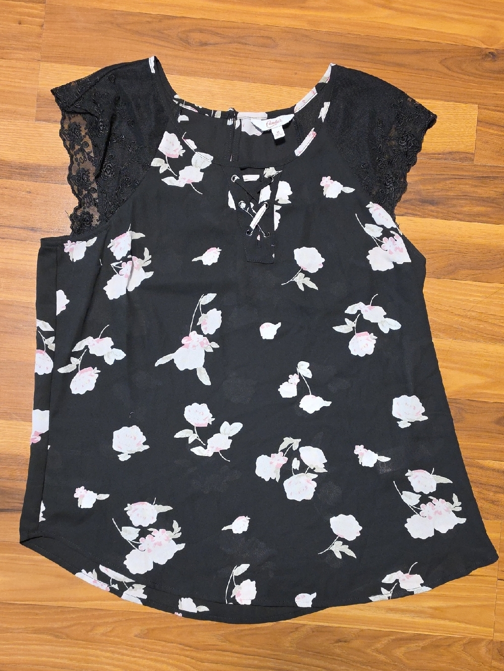Candie's Black Blouse with Pale Pink and White Floral Accents